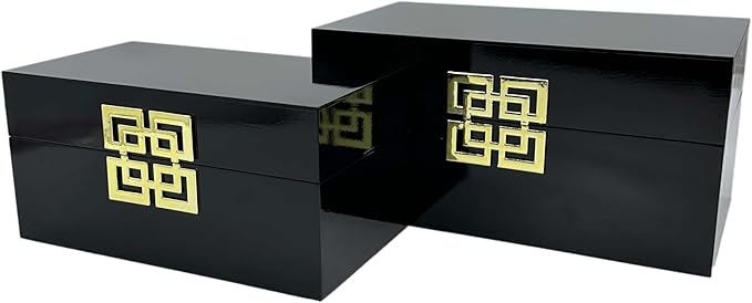 Galt International Storage Box Set Decorative Storage Box w/Hinged Lid Classic Design Wood Decor Boxes with Geometric Clasp Storage for Bedroom & Home - Set of 2 (Black & Gold)-Ruum Studio Home