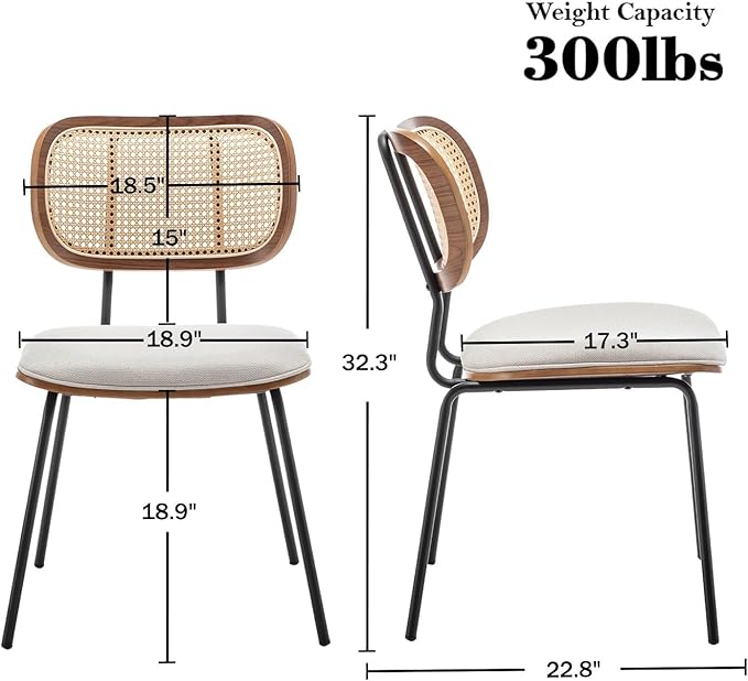 Rattan Dining Chairs Set of 2, Mid Century Modern Dining Chairs with Cane Back for Kitchen Dining Room, 19 Inch Fabric Beige-Ruum Studio Home