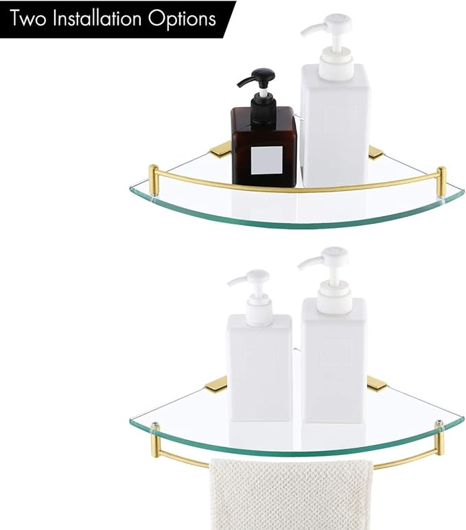 KES Glass Corner Shelf Bathroom Shelf Tempered Glass with Rail SUS 304 Stainless Steel Floating Wall Mount Bracket Brushed Gold, BGS2101A-BZ-Ruum Studio Home