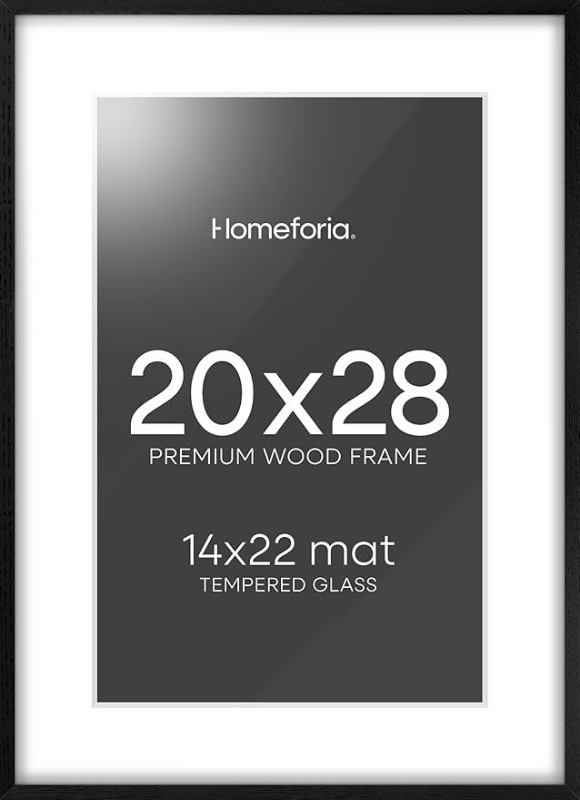 Homeforia 20x28 Black Wood Frame, High End Oak 20x28 Wooden Picture Frames with Mat 14x22 Photo, 20 x 28 Poster Frame Matted to 14 by 22 Print, 28x20 Hanging Frames, Tempered Glass, Wall Kit, Set of 1-Ruum Studio Home