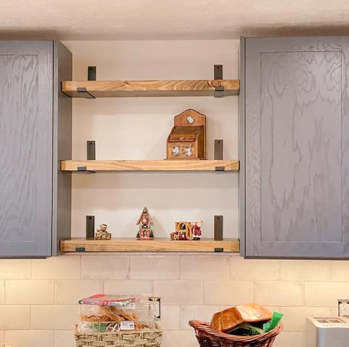 Rustic Shelves with J-Brackets Set of 2, Industrial Shelf, Kitchen Shelves, Solid Wood, Decorative Wall Storage, Heavy Duty, URBANDI (Brown, 12Wx6D)-Ruum Studio Home