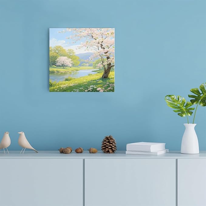 The scenery of a stream between trees and cherry blossoms under the blue sky is suitable for posting in the living room bedroom office landscape posters-Ruum Studio Home