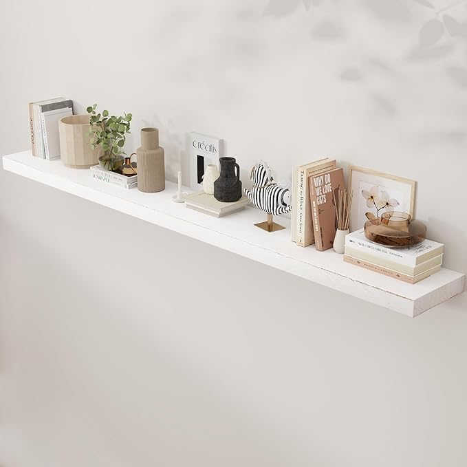 Rustic Elm Wood Floating Shelves - 72'' W x 8" D Wall Mounted Mantel Shelf with Invisible Bracket, Large Long Storage Shelves for Living Room, Bedroom, Kitchen, Bathroom, White Wash