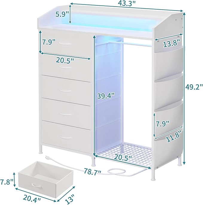 LUMTOK Modern 5 Dresser with LED Hanging Rack, Dresser with Clothes Rack, Hanger Rack, and Storage Drawers, Drawer Dressers with Coat Racks for Bedroom Living Room, Entryway, Closets (White)-Ruum Studio Home