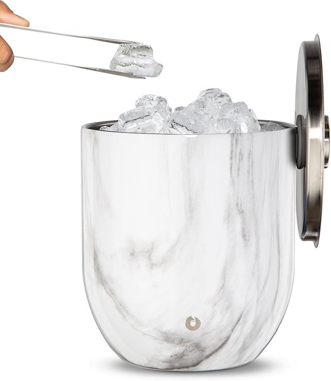 SNOWFOX Premium Vacuum Insulated Stainless Steel Ice Bucket with Lid/Tongs, Non-Rubber Bottom, Home Bar Accessories, Bartending Ice Buckets for Parties, Outdoor Entertaining Supplies, 3L, Marble-Ruum Studio Home