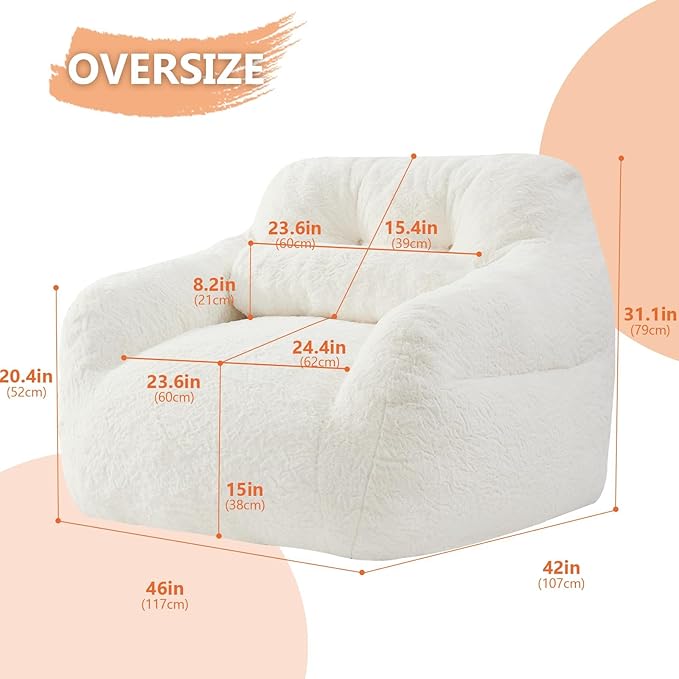 Bean Bag Chair for Adults with Pillow,Oversized Bean Bag Couch Chairs for Adults,Giant Lazy Couch Sofa Chairs with Filler,Large Reading Chair for Living Room Bedroom,White-Ruum Studio Home