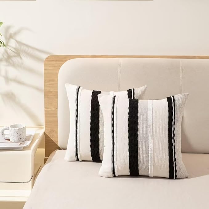 Boho Throw Pillow Covers 18x18 Set of 2 Farmhouse Decorative Cushion Case Striped Square Pillows Cover Chenille Pillow Cases Accent Neutral Pillowcase for Sofa Couch Bed,Black and White-Ruum Studio Home