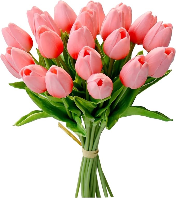 Mandy's Artificial Tulips 20 Stems Coral PU Faux Flowers for Wedding Home Decor 13.5 Inch-Ruum Studio Home