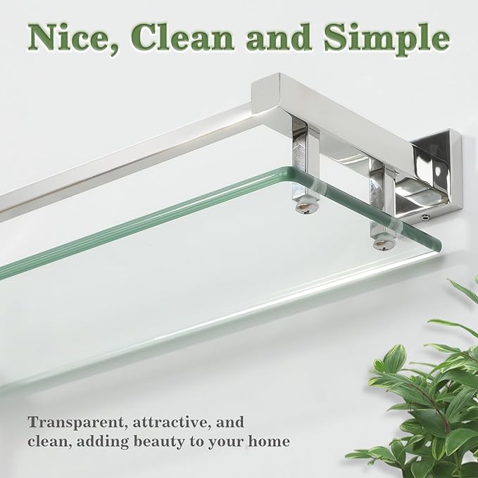 Alise Bathroom Glass Shelf with Stainless Steel Railing, Polished Chrome Small Tempered Glass Floating Wall Shelf Over The Toilet, 16 inch-Ruum Studio Home
