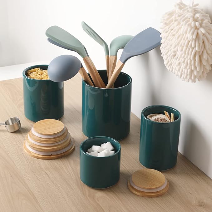 Sweejar Ceramic Kitchen Canister Sets, Porcelain Container for Countertop, Heavy Food Storage Jars with Airthight Seal Bamboo Lid, Servering for Sugar, Coffee Beans, Tea Leaves, Pack of 4（Jade）-Ruum Studio Home