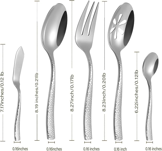 Stainless Steel Silverware Serving Set Hammered Silver Mirror Finished 5 Piece Serving Utensil Set Flatware Set-Ruum Studio Home