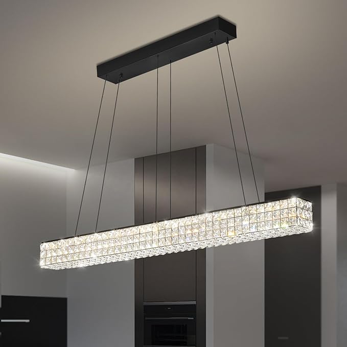 W48 Black Chandeliers for Dining Room, Modern Crystal Pendant Lights Fixture Farmhouse Hanging Dining Light Fixtures for Kitchen Island, Living Room, Bedroom-Ruum Studio Home