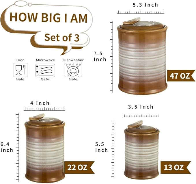 Nihow Ceramic Food Storage Jar Sets: Container with Air Tight Ceramic Lid for Flour/Sugar/Rice/Coffee/Cookies/Candy - Seal Damp-proof Canister for The Kitchen - Set of 3 （Brown）-Ruum Studio Home
