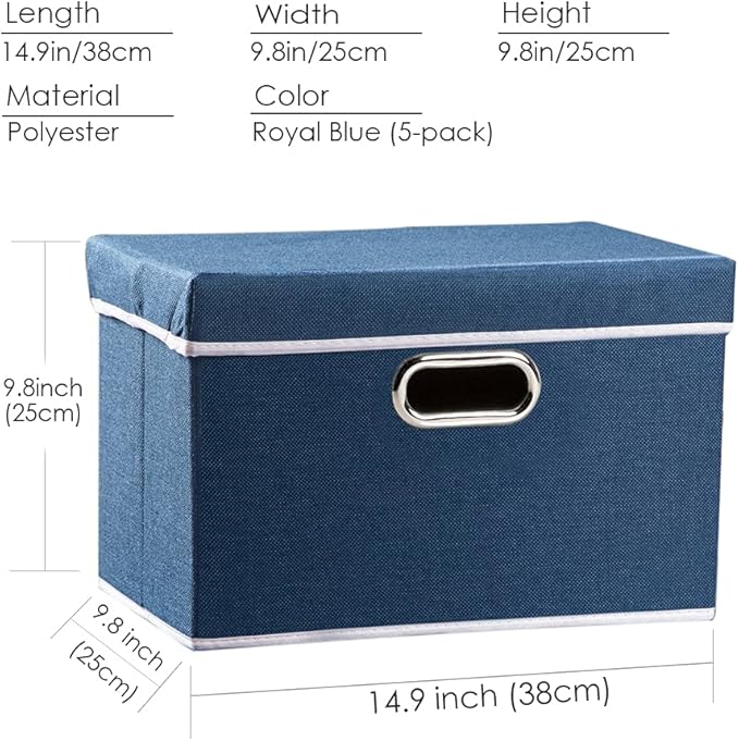 PRANDOM Foldable Storage Bin with Lid [5-Pack] Linen Fabric Decorative Storage Box Organizer Container Basket Cube with Handles Divider for Closet Office Living Room Royal Blue(14.9x9.8x9.8)-Ruum Studio Home