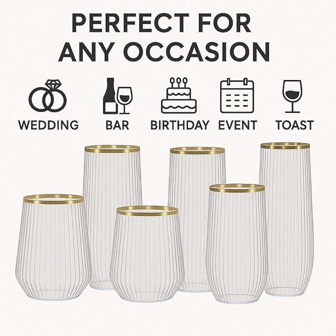 24 Pack Ribbed Origami Ripple Plastic Glasses, 12-9 Ounce Stemless Champagne Flutes & 12-12 Ounce Cups, BPA-Free Disposable Shatterproof Toasting Glasses for Weddings, Bars, and Events (Gold Rim)-Ruum Studio Home