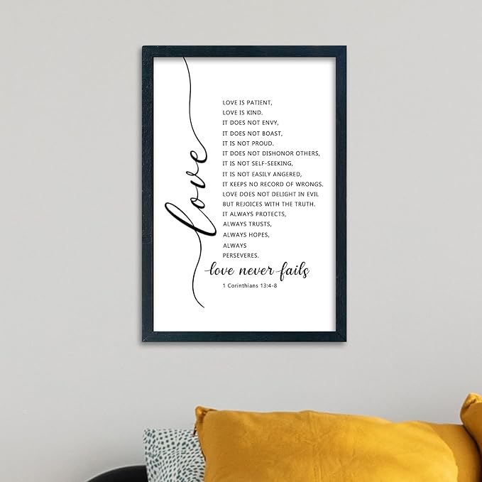 LuZhiQiang Love Is Patient Kind Wall Art 16"×11" Love Never Fails Sign 1 Corinthians 13 Bible Verse Wood Framed Wall Hanging Decor (Black)-Ruum Studio Home