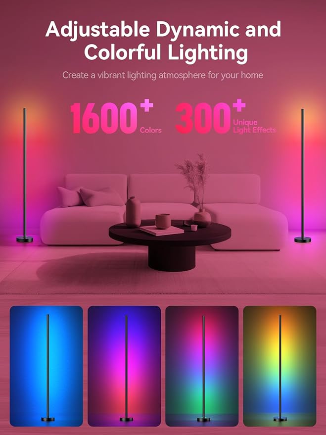 Smart RGBICW LED Corner Floor Lamp 2 Pack - 16 Million DIY Colors, 68+ Scenes, Music Sync, App & Remote Control, Color-Changing Ambient Lighting for Living Rooms, Bedrooms, and Gaming Rooms-Ruum Studio Home