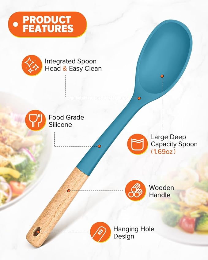 Silicone Cooking Spoons, Great for Scooping Sides and Serving Hearty Stews, BPA-Free Matte Silicone, Wooden Handle Serving Spoon for Nonstick Cooking Surfaces (Blue)