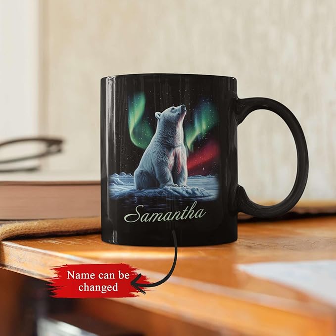 Custom Enchanted Arctic Landscape Design Cup, Customized Name Coffee Mug 11oz 15oz, Personalized Polar Bear And Northern Lights Ceramic Cup, Cute Polar Bear Black Mug, Gift For Her-Ruum Studio Home