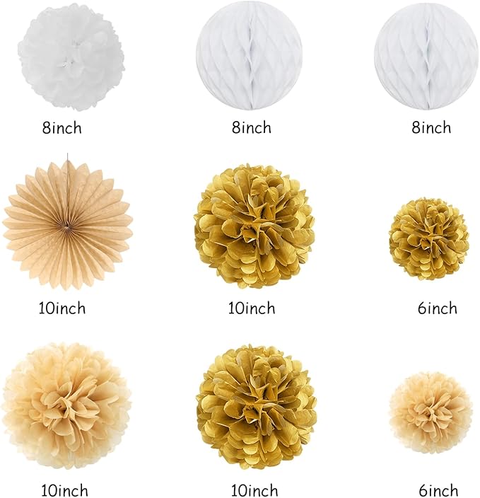 White-Gold Champagne Birthday Party-Decorations Paper-Flowers - 14pcs Happy Banner Engagement Honeycomb Tissue Pom Poms,Women Streamers Garland Beige Fans,21st 18th Girl Hanging Supplies Decor Hugfond-Ruum Studio Home