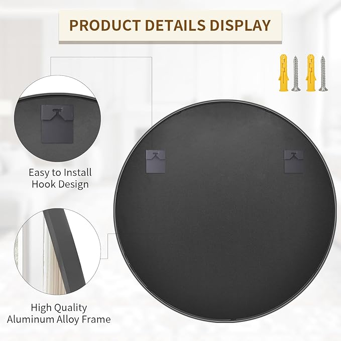 BEAUTYPEAK 48 Inch Round Mirror, Metal Frame Circle Mirror, Wall Mounted for Entryway, Bathroom, Vanity, Living Room, Black-Ruum Studio Home
