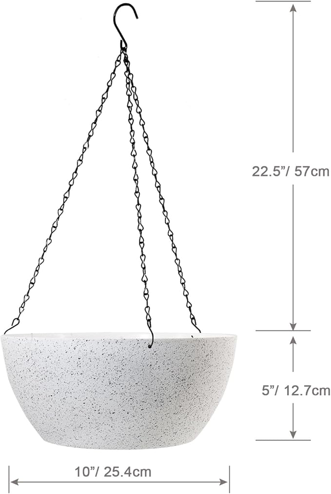 10 inch Hanging Planters for Outdoor Indoor Plants with Drainage Holes and Chain, 2 Pack Round Hanging Flower Plant Pots for Garden Home Porch Decor, Speckled White-Ruum Studio Home