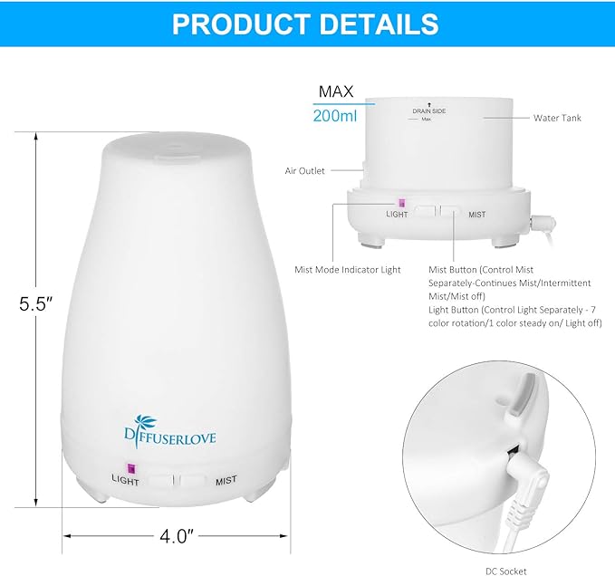 Diffuserlove Essential Oil Diffusers 200ML Remote Control Ultrasonic Mist Humidifiers BPA-Free Aromatherapy Diffuser with 7 Color Lights, Auto Shut-Off for Bedroom Office Kitchen-Ruum Studio Home