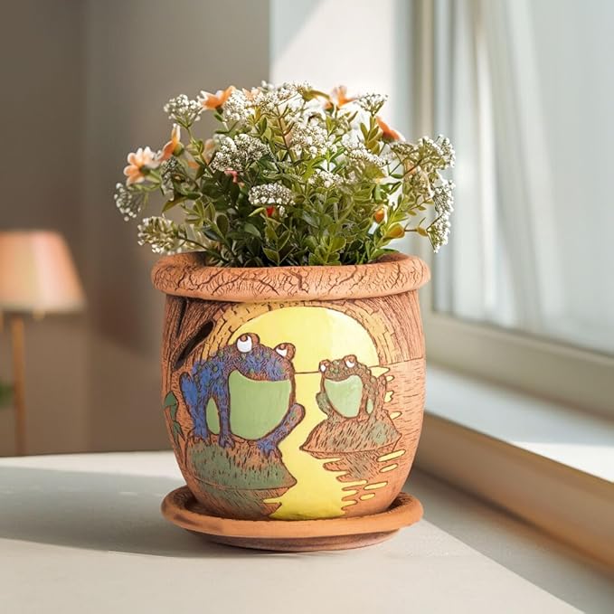 Ceramic Pot with Drainage Hole and Saucer, Plant Pots, Modern Decorative Planters for House Plants Indoor Flowers Plants, Cute Flower Pot - Gifts (Frogs (1.6 L))-Ruum Studio Home