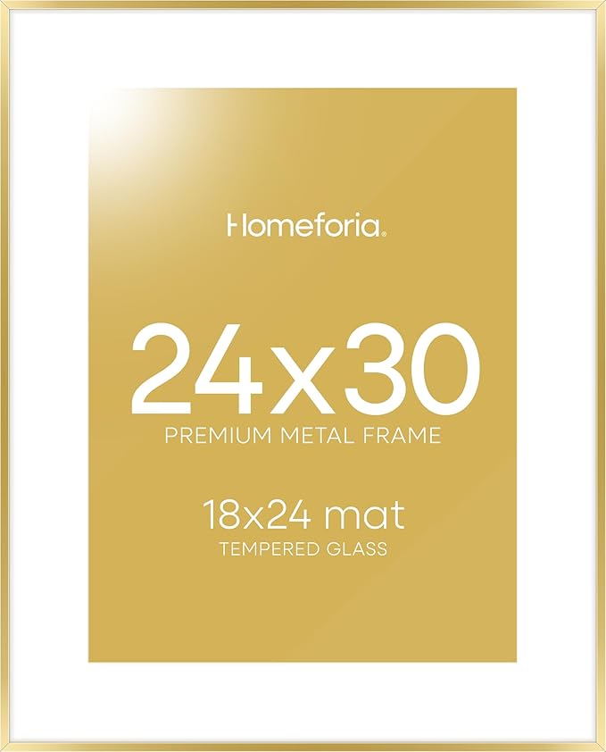 Homeforia 24x30 Picture Frame Gold, High End Metal 24 x 30 Poster Frames with 18 by 24 Mat Opening, 24x30 Gold Photo Frame Matted to 18x24 Print, 30x24 Large Frames, Tempered Glass, Wall Kit, Set of 1-Ruum Studio Home
