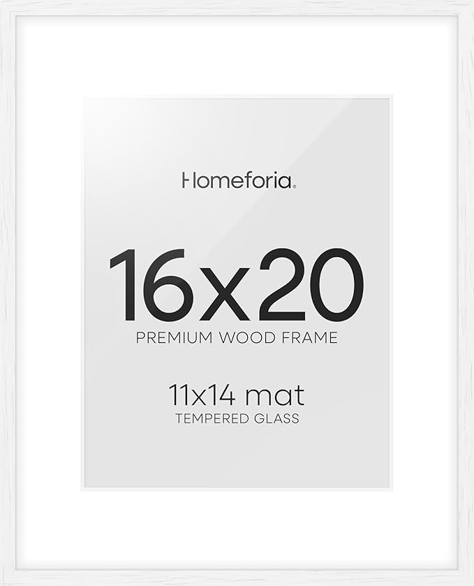 Homeforia 16x20 White Picture Frame, High End Oak 16x20 White Wood Frame with Mat 11x14 Photo, 16 x 20 Wooden Poster Frames Matted to 11 by 14, 20x16 Hanging Frames, Tempered Glass, Wall Kit, Set of 1-Ruum Studio Home