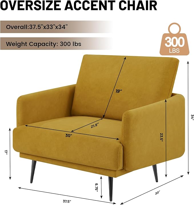Oversized Accent Chair Set of 2 for Living Room Chairs Reading Arm Chair Comfy Modern Single Sofa Side Chairs with Metal Legs & Soft Cushion for Bedroom, Balcony,Waiting Room (Velvet, Amber Yellow)-Ruum Studio Home