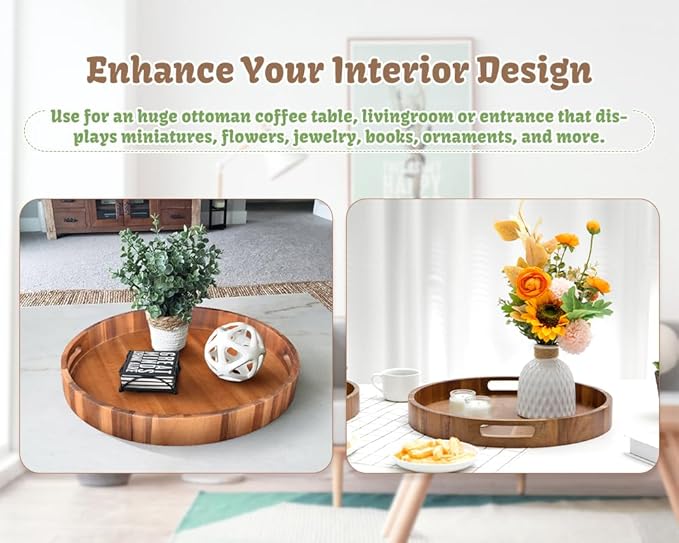 Large Round Wood Serving Tray, Wooden Trays with Handles for Ottoman Table, Vintage Acacia Tray Circle Wood Tray for Indoor Outdoor Organization and Decoration, Including 4 Round Wooden Coasters-Ruum Studio Home