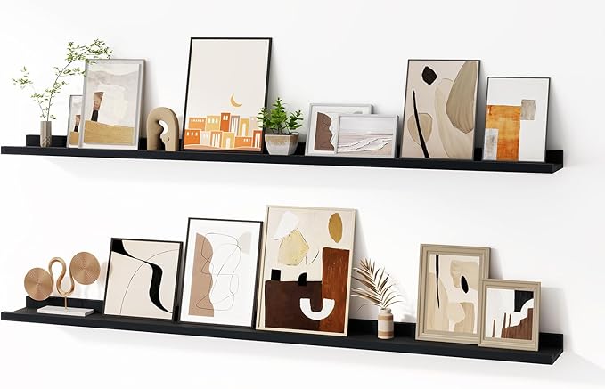 Floating Picture Ledge Shelves for Wall Set of 2, 55 Inches Picture Shelf with Ledge, Nursery Book Shelf for Toys Storage Kids Bookshelf Wall Mounted Living Room Bedroom Decor Frames, Black-Ruum Studio Home