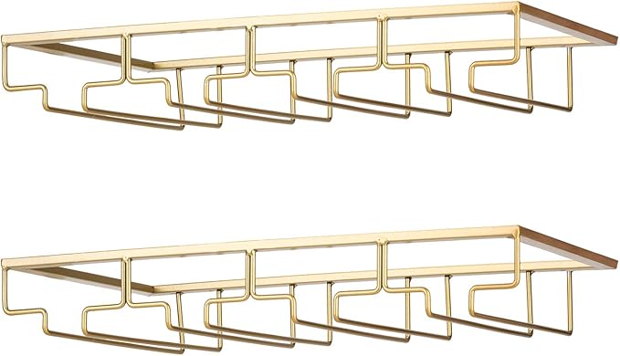 Wine Glass Rack - Under Cabinet Stemware Wine Glass Holder Glasses Storage Hanger 2 Pack Metal Organizer for Bar Kitchen 4 Rows Gold-Ruum Studio Home