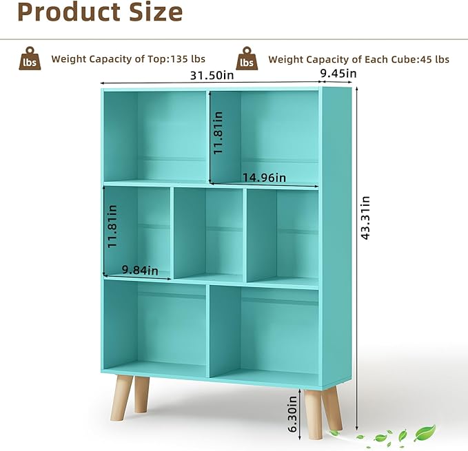 LEYAOYAO 7 Cube Bookshelf 3-Tier Bookcase with Legs, Mint-Green Kids Book Shelf Cute Storage Organizer, Toy Shelves Bookshelves,Wood Display Bookcases-Ruum Studio Home