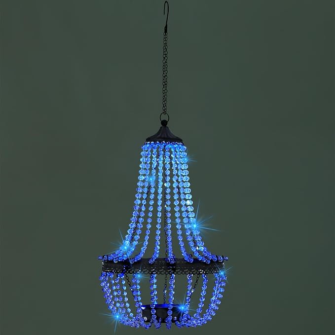 Hanging Solar Chandelier Outdoor, 30 Blue Lights Acrylic Clear Beaded Chandelier with S Hooks Modern Lantern for Garden Yard Patio Gazebo Decorations, 28”H-Ruum Studio Home