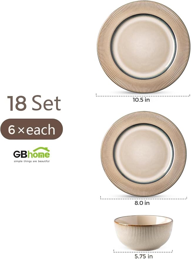 GBHOME Ceramic Dinnerware Sets, 18 Piece Embossed Elegant Stoneware Plates and Bowls Sets, Housewarming Wedding Gift | Dishwasher & Microwave Safe | Dishes Set Service for 8-Ruum Studio Home