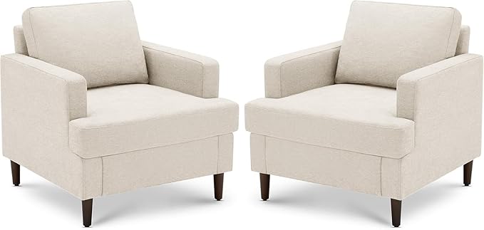 Mid-Century Accent Chair,Modern Linen Fabric Armchair for Living Room,Comfy Upholstered Reading Accent Chairs for Bedroom,Single Sofa Chair with Wood Legs (Beige, 2 Pack)-Ruum Studio Home
