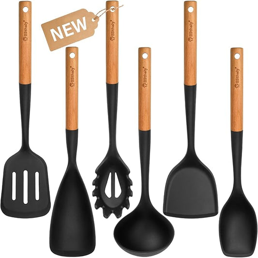Silicone Cooking Utensils Set, 6 Pack Large Kitchen Utensils Set with Wooden Handle, Heat Resistant Silicone Utensil Spatula Set for Nonstick Cookware, Spatula, Turner, Spoon, Ladle BPA Free (Black)-Ruum Studio Home