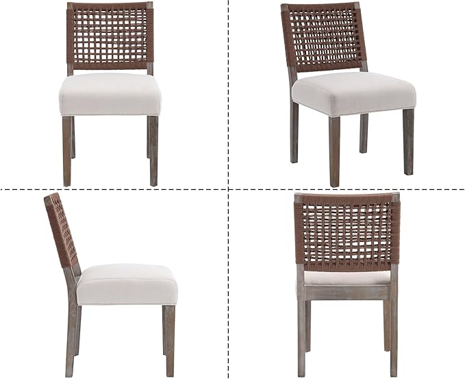Kmax Farmhouse Dining Chairs Set of 2, Rustic Kitchen Chairs with Linen Fabric Seat and Woven Back, Vintage Accent Chairs for Dining Room, Living Room, Beige-Ruum Studio Home