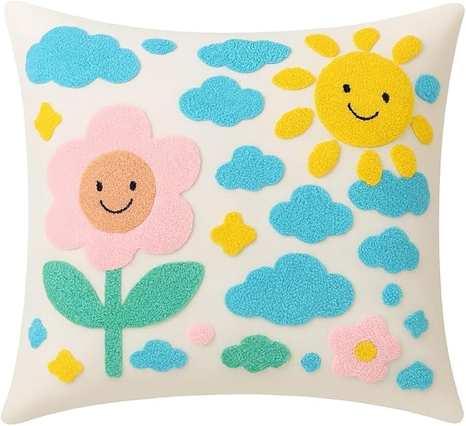 katre home madame & textile Throw Pillow Cover – Sun & Cloud Punch Needle Cushion 18x18 inch – Handmade Embroidered Boho Cotton Pillow for Couch, Bed or Nursery Room Decor-Ruum Studio Home