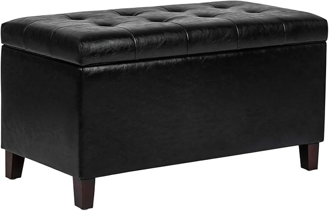 Asense Storage Ottoman Bench, Faux Leather Upholstered End of Bed Bench with Safety Hinge Wooden Legs, for Entryway Bedroom (Black, 33.3")-Ruum Studio Home