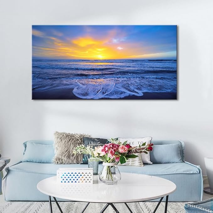 Wall Art Decor Large Sunset Canvas Print Picture Sunrise Ocean Beach Waves Scenery Modern Painting Artwork for Home Office Living Room Bedroom Decoration Framed Ready to Hang, 20x40Inch-Ruum Studio Home