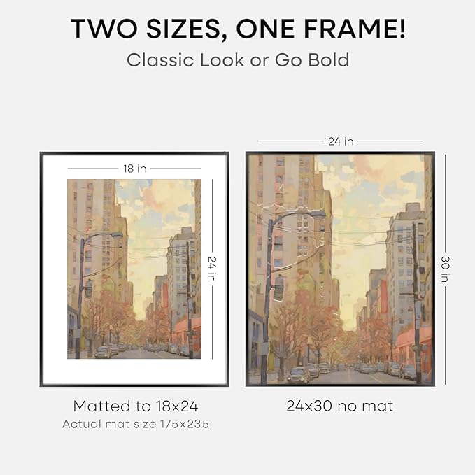 Homeforia 24x30 Poster Frame Black, High End Metal 24 x 30 Picture Frames with Mat 18 by 24 inches Photo, 24x30 Black Frame Matted to 18x24 Print, 30x24 Large Frame, Tempered Glass, Wall Kit, Set of 1-Ruum Studio Home