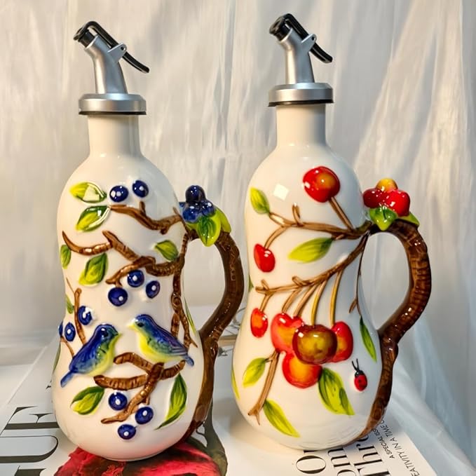 18.26oz/540ml Ceramics Olive Oil Dispenser Bottle,Hand Painted Reliefs Oil Dispenser for Kitchen,Oil Bottles for Kitchen (Persimmon)-Ruum Studio Home