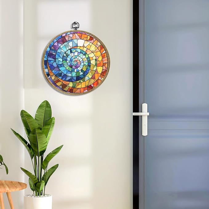 Colorful Boho Rainbow Geometric Spiral Sun Art Gift Framed Round Wall Decor Canvas Wall Art Hanging Prints Artwork for Home Office Porch Nursery Bedroom Living Room Decorations 10.2X10.2 Inch-Ruum Studio Home
