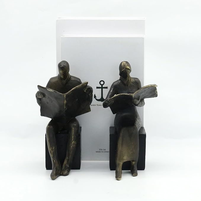 Lukitas Decorative Newspaper Reader Bookends, Heavy Duty Book Holder Non-Slip, Vintage Home Décor Accessories for Study Office Bookshelf, Bronze, Resin, 1Pair/2Piece-Ruum Studio Home