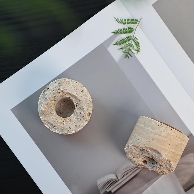 Travertine Candle Holder - Handmade Marble Candlestick Holder for Taper Candle - Vintage Small Stone Candle Sticks Holder Decor for Table Centerpieces, Wedding, Party, Fits 3/4 Inch Thick Candle-Ruum Studio Home