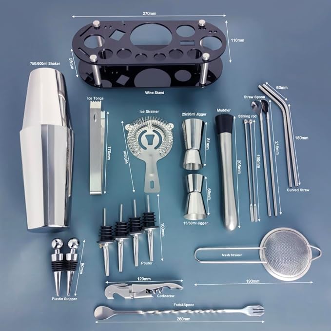 22-Piece Cocktail Shaker Set, 25/20oz Bartender Kit, Bartending Stainless Steel Bar Tools Sets for Drink Mixing, Boston Cocktail Shakers with Stand Recipes Booklet (Siver 25-20oz)-Ruum Studio Home