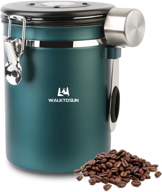 Coffee Canister Airtight Storage Container Stainless Steel Air Tight Coffee Jar with Scoop, Date Tracker CO2 Release Valve for Dry Food, Beans, Ground, Tea, Flour, Cereal and Sugar (Green)-Ruum Studio Home